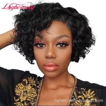 Short Curly Pixie Cut Bob Wigs Brazilian Romance Curly Human Hair Lace Closure Wigs For African American Black Women